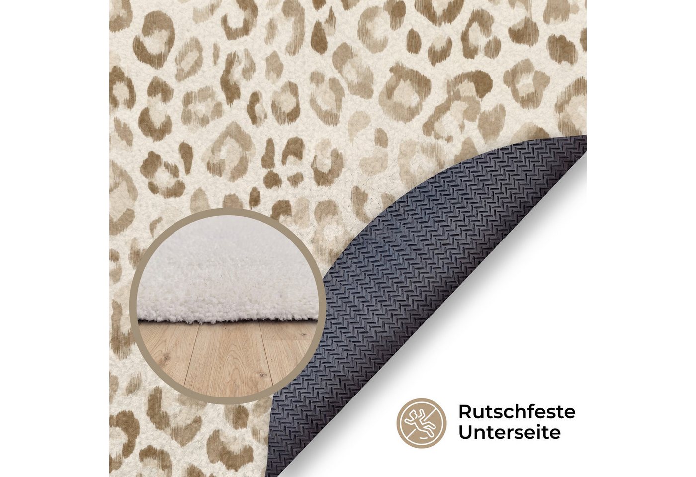 OnlyWow Teppich Rund Leopard - Klassisch - Beige, Rechteckig, Wohnzimmer, Schlafzimmer, Kurzflor 90x90 cm Bild 2