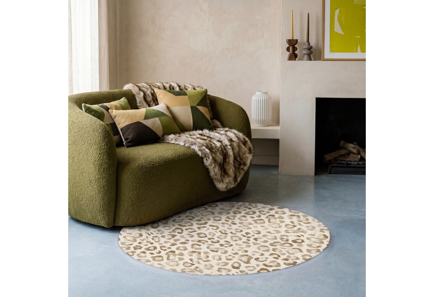 OnlyWow Teppich Rund Leopard - Klassisch - Beige, Rechteckig, Wohnzimmer, Schlafzimmer, Kurzflor 90x90 cm Bild 3
