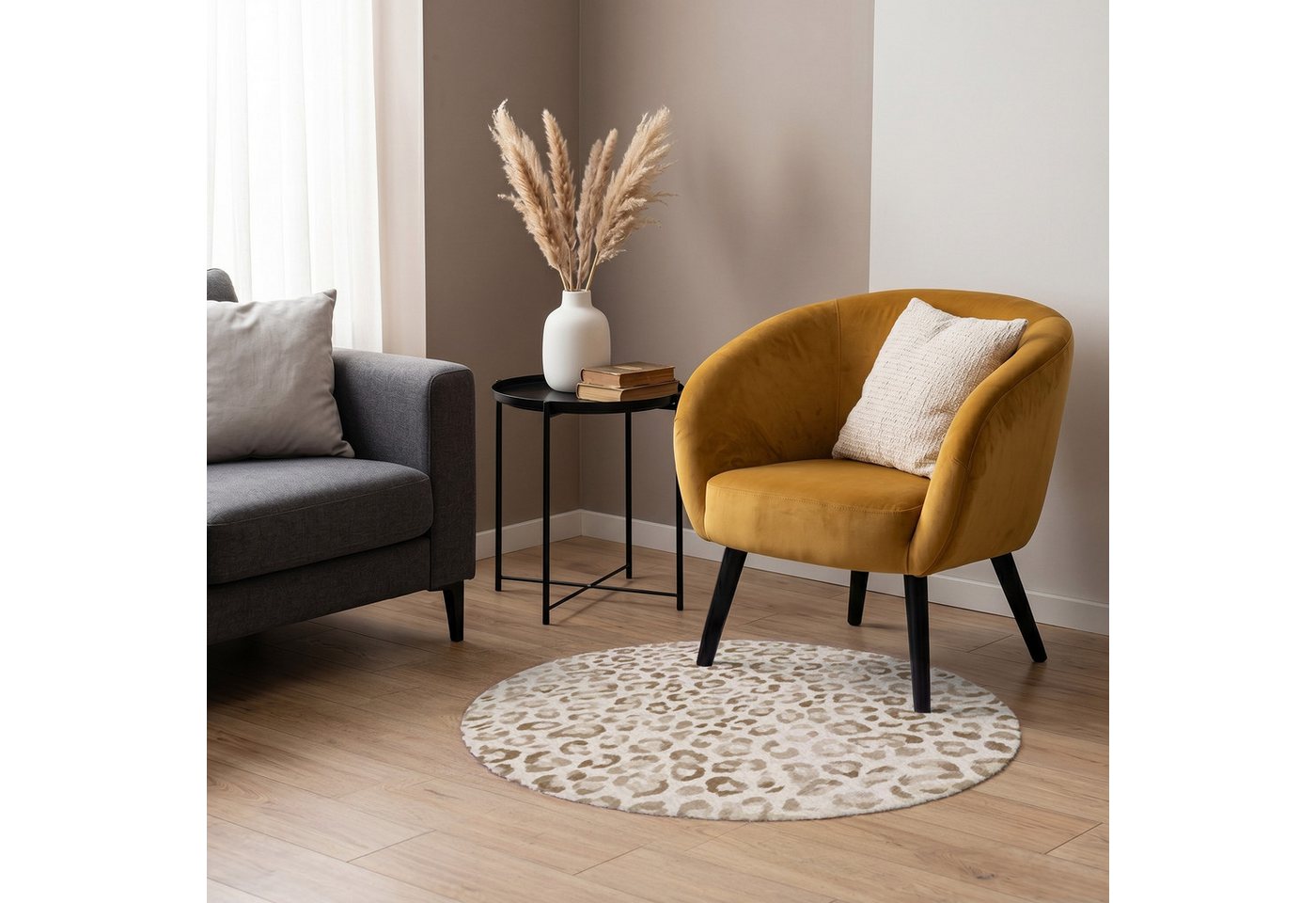 OnlyWow Teppich Rund Leopard - Klassisch - Beige, Rechteckig, Wohnzimmer, Schlafzimmer, Kurzflor 90x90 cm Bild 4