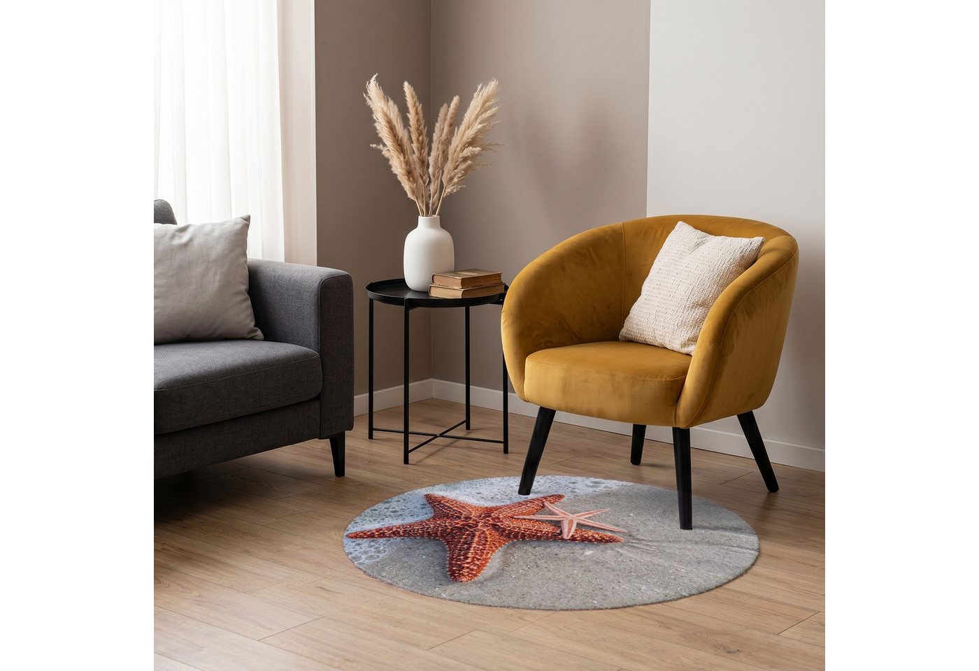 OnlyWow Teppich Rund Seestern - Strand - Meer, Rechteckig, Wohnzimmer, Schlafzimmer, Kurzflor 90x90 cm Bild 4
