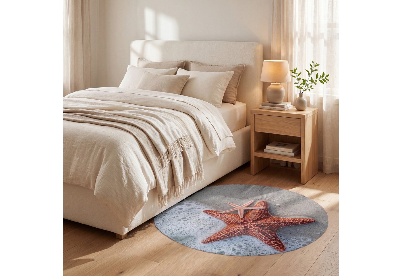 OnlyWow Teppich Rund Seestern - Strand - Meer, Rechteckig, Wohnzimmer, Schlafzimmer, Kurzflor 90x90 cm Bild 5