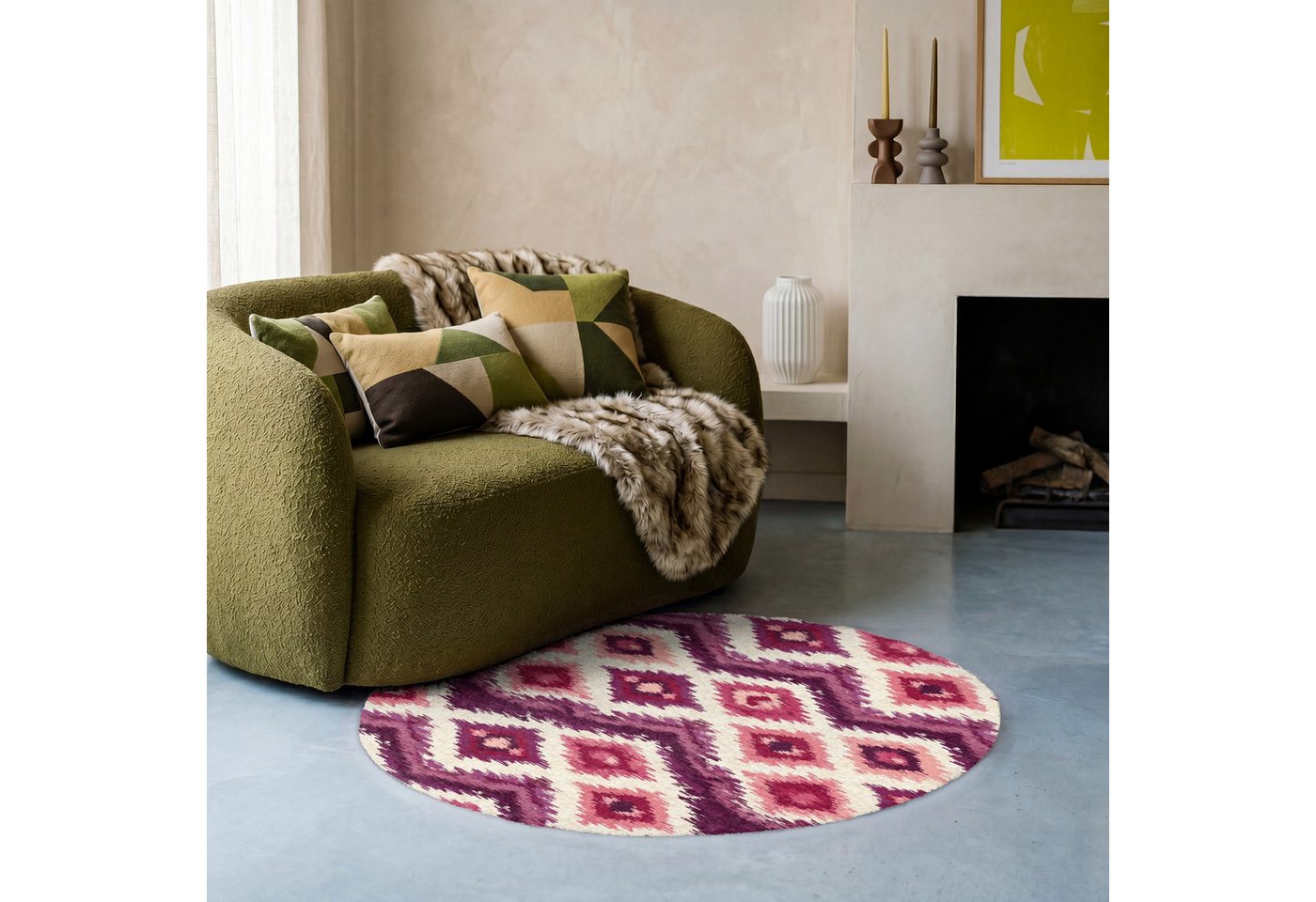 OnlyWow Teppich Rund Muster - Lila - Zickzack, Rechteckig, Wohnzimmer, Schlafzimmer, Kurzflor 90x90 cm