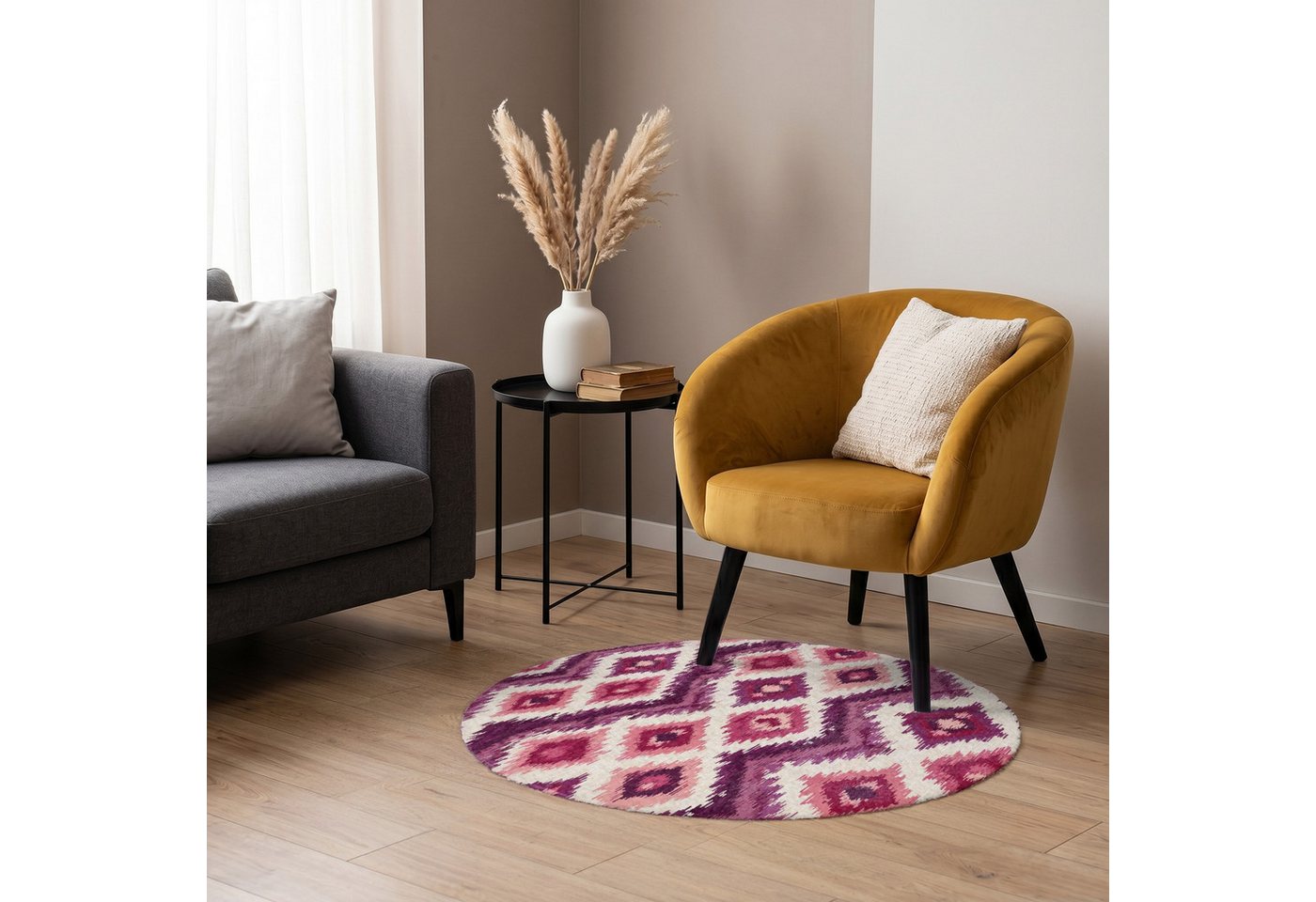 OnlyWow Teppich Rund Muster - Lila - Zickzack, Rechteckig, Wohnzimmer, Schlafzimmer, Kurzflor 90x90 cm Bild 4
