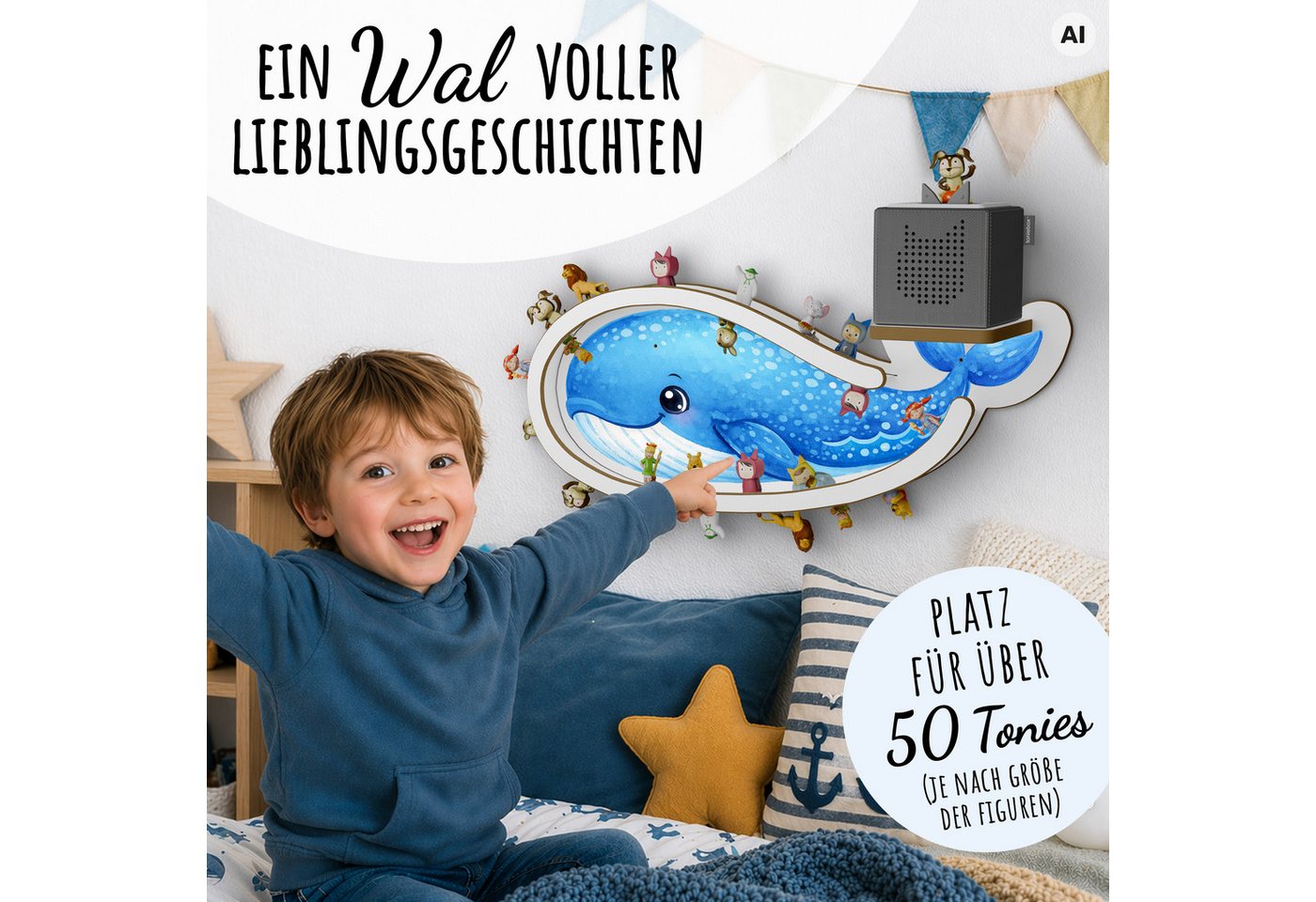 Holzura Kinderregal Holzura - Wal - Tonie Regal mit Halterung für Toniebox 1&2. Bild 3