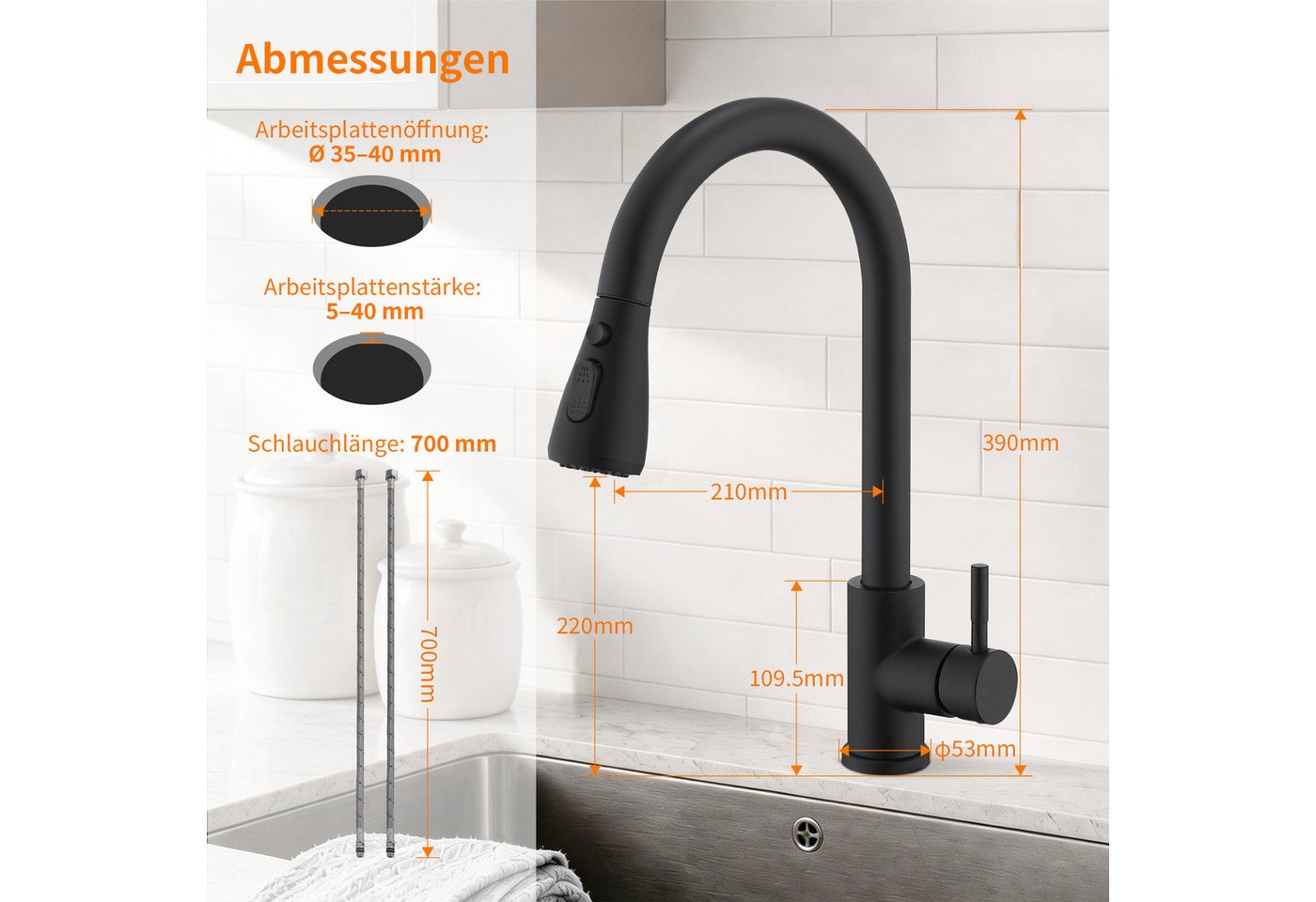 DESFAU Spültischarmatur Hochdruck Wasserhahn Küche 360° Küchenarmatur mit Ausziehbarer Edelstahl Küchenarmatur ausziehbar mit 2 Strahlarten,Schwarz