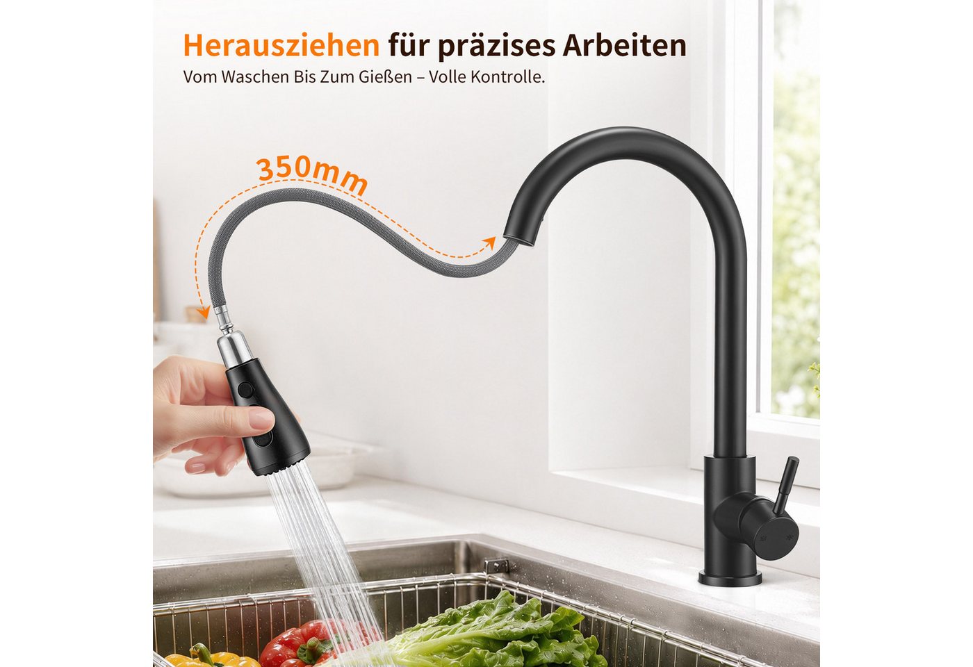 DESFAU Spültischarmatur Hochdruck Wasserhahn Küche 360° Küchenarmatur mit Ausziehbarer Edelstahl Küchenarmatur ausziehbar mit 2 Strahlarten,Schwarz Bild 3