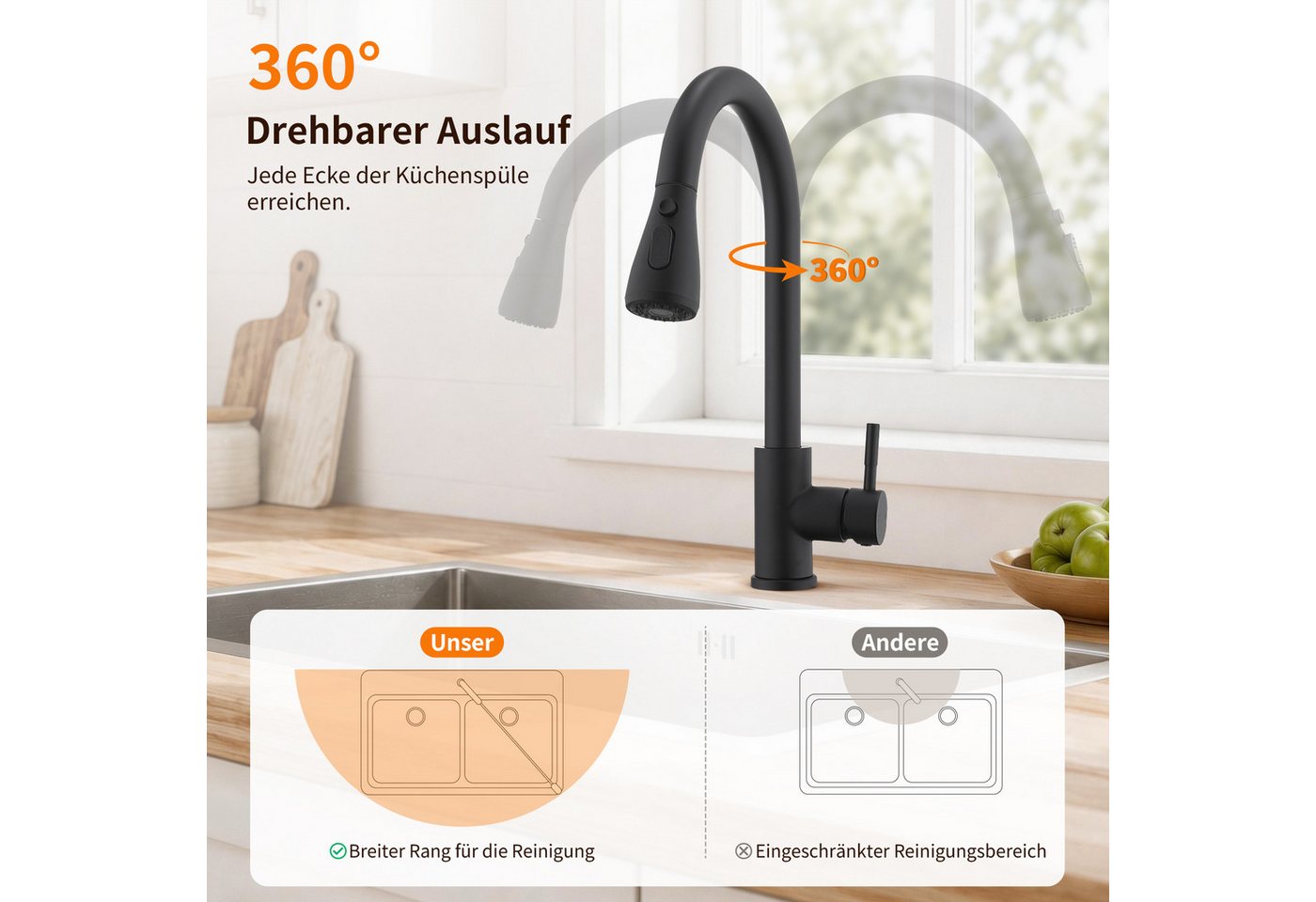 DESFAU Spültischarmatur Hochdruck Wasserhahn Küche 360° Küchenarmatur mit Ausziehbarer Edelstahl Küchenarmatur ausziehbar mit 2 Strahlarten,Schwarz Bild 5
