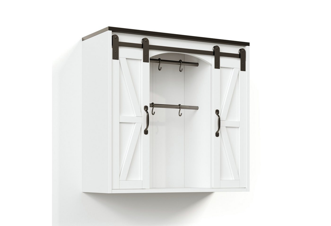 Flieks Hängeschrank Wandschrank Küchenschrank mit 2 Schiebetüren und Haken (für Küche, Wohnzimmer, Badezimmer, B80xT31xH76 cm, 1-St., Scheunentor-Design Landhausstil) Wandmontage Badkommode mit verstellbarer Einlegeböden Weiß
