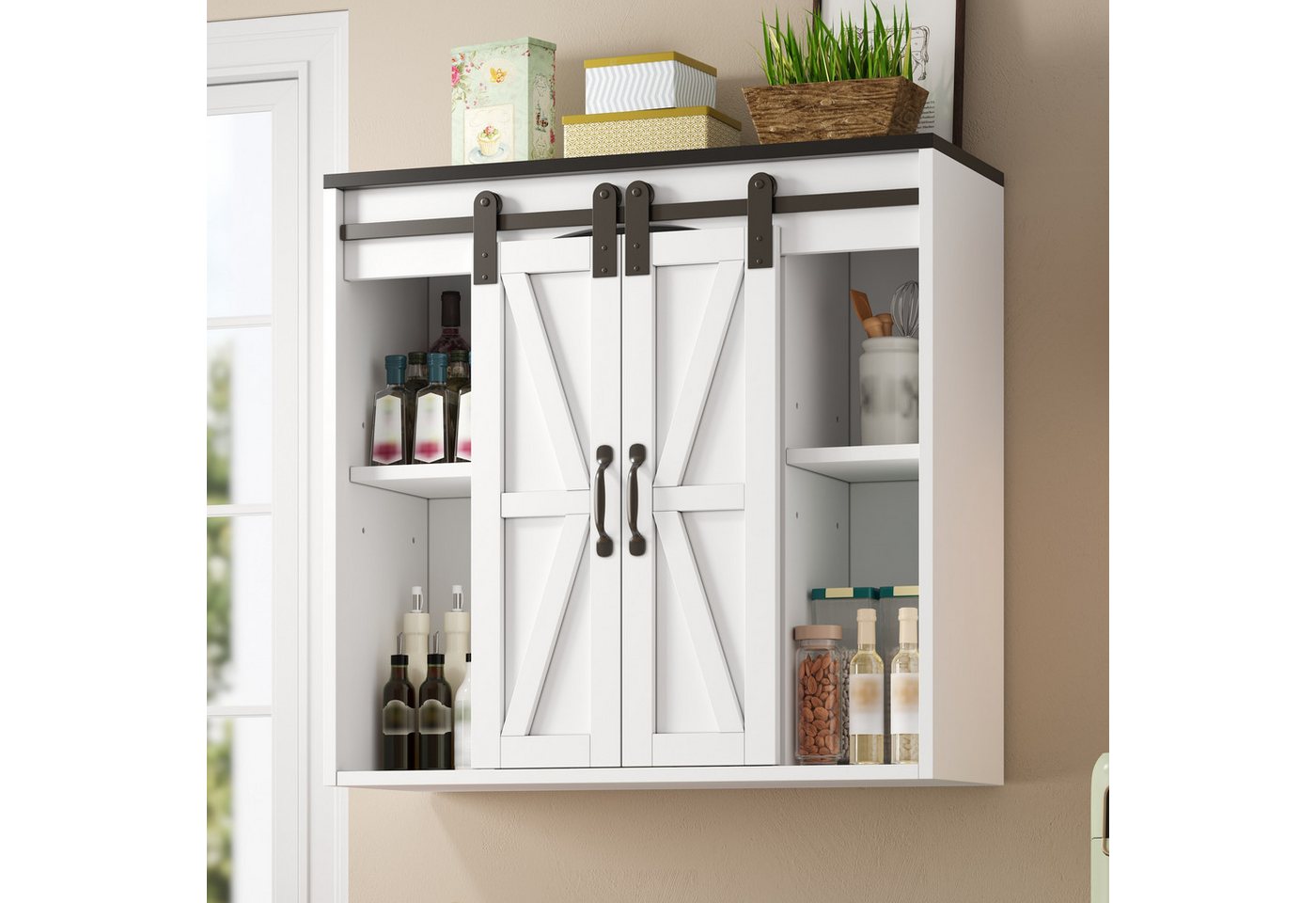 Flieks Hängeschrank Wandschrank Küchenschrank mit 2 Schiebetüren und Haken (für Küche, Wohnzimmer, Badezimmer, B80xT31xH76 cm, 1-St., Scheunentor-Design Landhausstil) Wandmontage Badkommode mit verstellbarer Einlegeb öden Weiß Bild 2