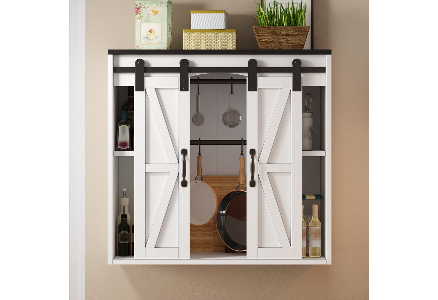 Flieks Hängeschrank Wandschrank Küchenschrank mit 2 Schiebetüren und Haken (für Küche, Wohnzimmer, Badezimmer, B80xT31xH76 cm, 1-St., Scheunentor-Design Landhausstil) Wandmontage Badkommode mit verstellbarer Einlegeböden Weiß Bild 3