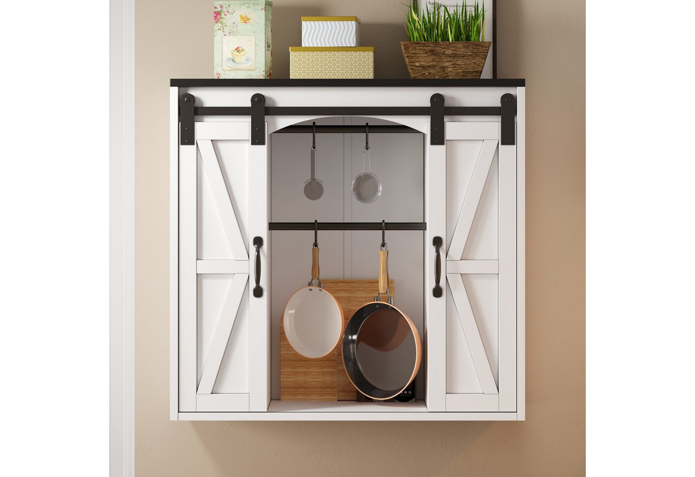 Flieks Hängeschrank Wandschrank Küchenschrank mit 2 Schiebetüren und Haken (für Küche, Wohnzimmer, Badezimmer, B80xT31xH76 cm, 1-St., Scheunentor-Design Landhausstil) Wandmontage Badkommode mit verstellbarer Einlegeböden Weiß Bild 4