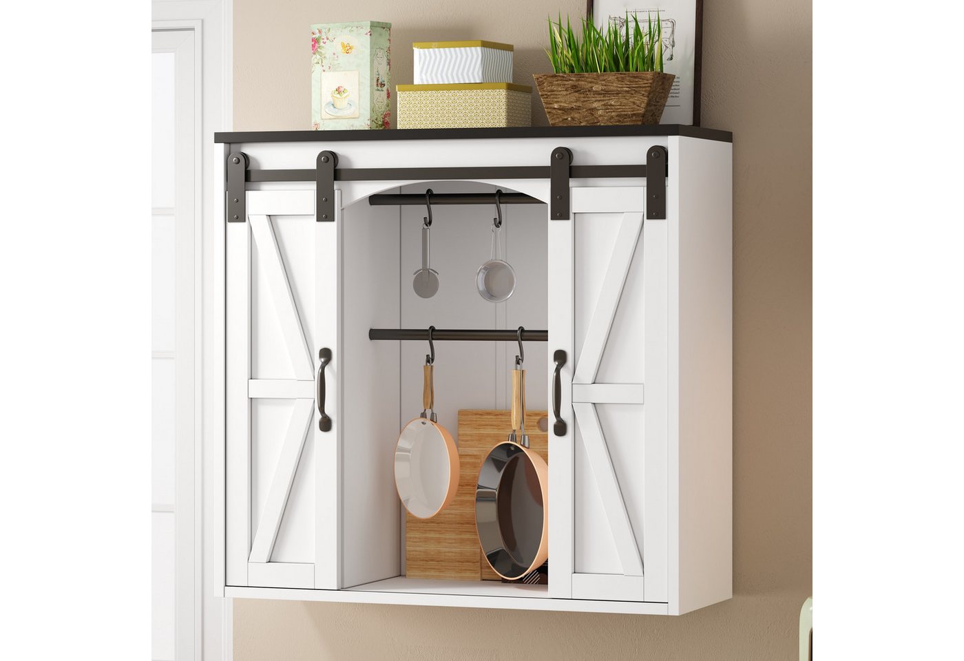 Flieks Hängeschrank Wandschrank Küchenschrank mit 2 Schiebetüren und Haken (für Küche, Wohnzimmer, Badezimmer, B80xT31xH76 cm, 1-St., Scheunentor-Design Landhausstil) Wandmontage Badkommode mit verstellbarer Einlegeböden Weiß Bild 5