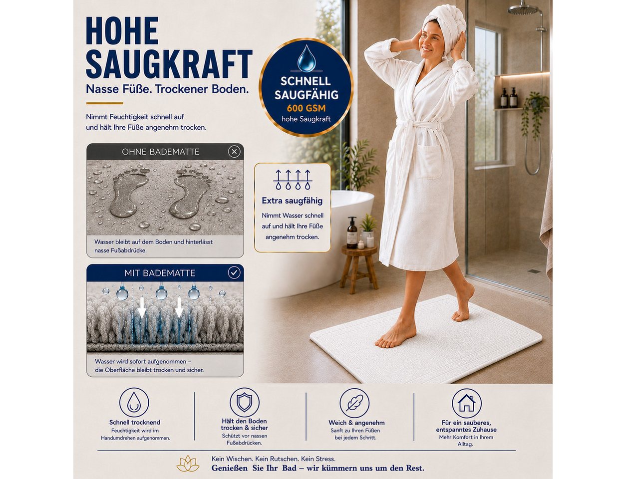Komfortec Badematte 2er Badetuch Set aus 100% Baumwolle 50x70 cm Extra Weich & Saugstark, Rechteckig, 600 g/m²