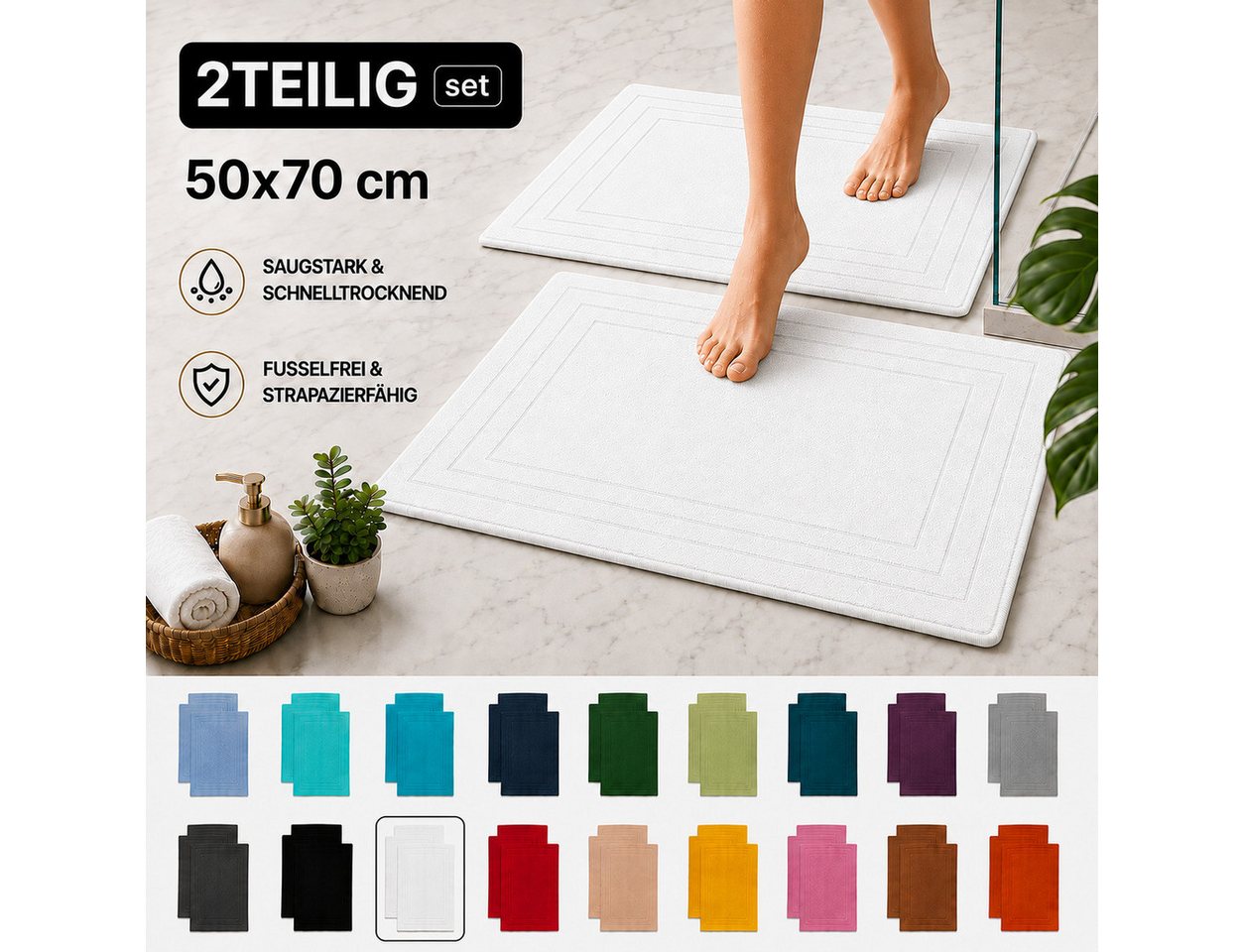 Komfortec Badematte 2er Badetuch Set aus 100% Baumwolle 50x70 cm Extra Weich & Saugstark, Rechteckig, 600 g/m² Bild 2