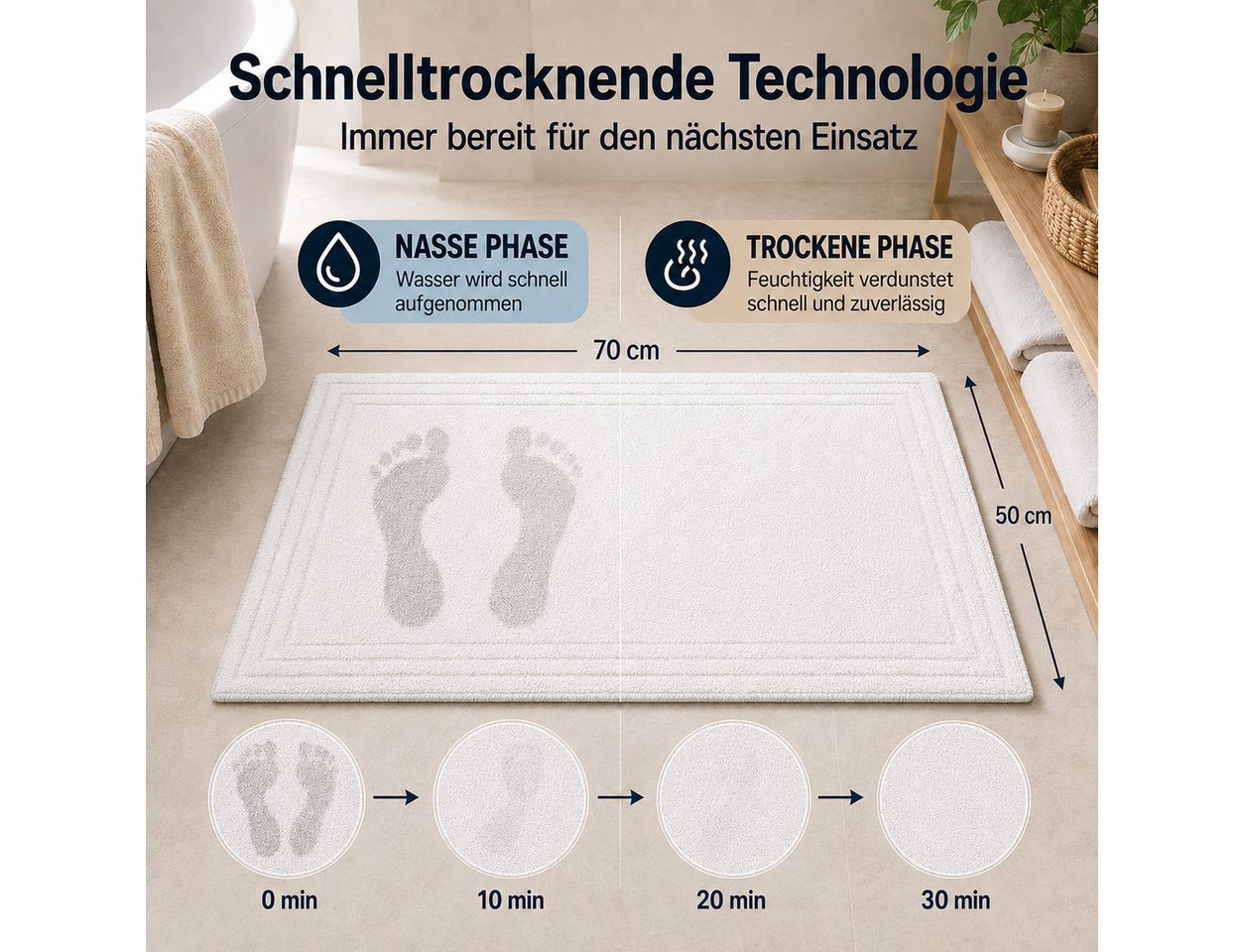 Komfortec Badematte 2er Badetuch Set aus 100% Baumwolle 50x70 cm Extra Weich & Saugstark, Rechteckig, 600 g/m² Bild 3