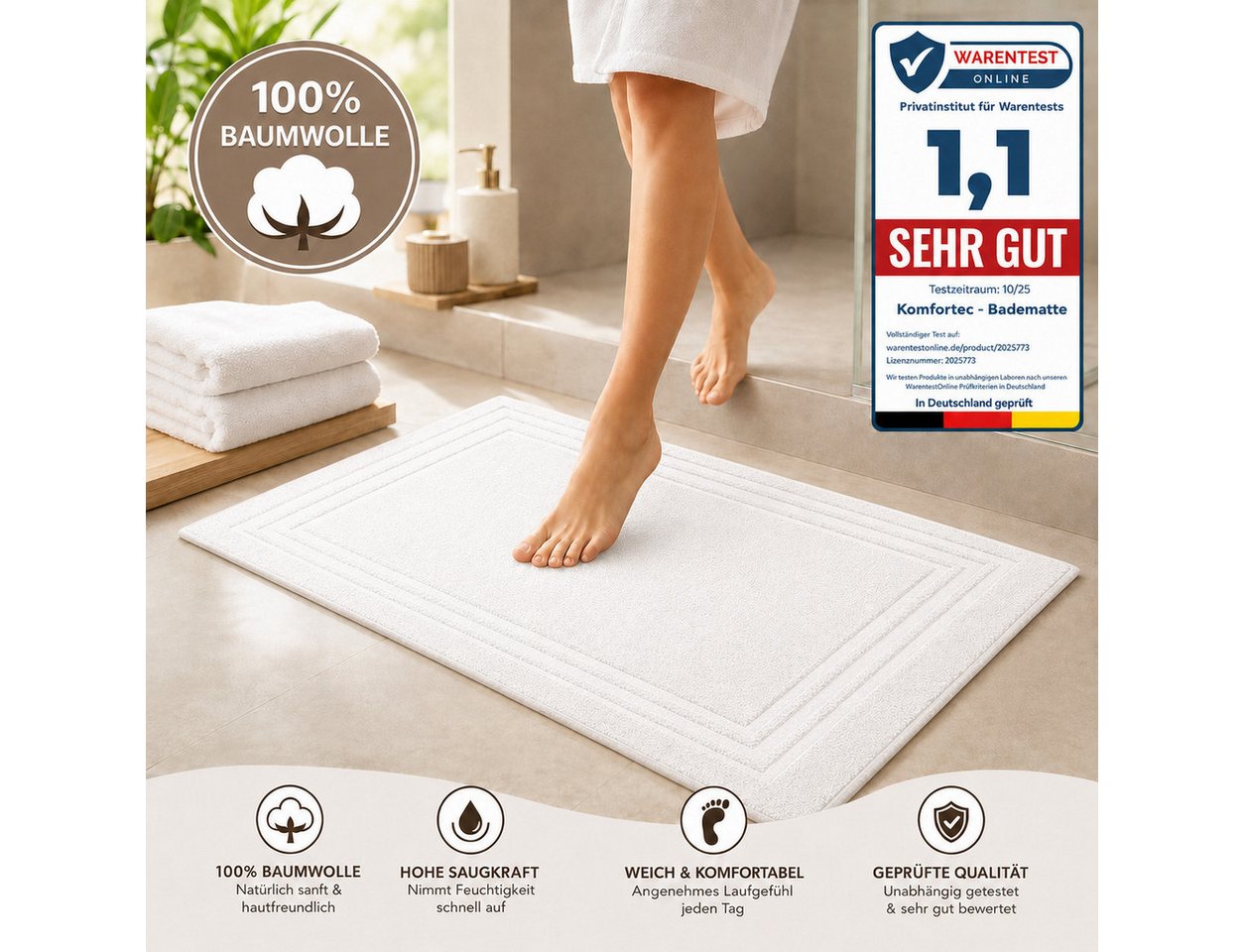 Komfortec Badematte 2er Badetuch Set aus 100% Baumwolle 50x70 cm Extra Weich & Saugstark, Rechteckig, 600 g/m² Bild 5