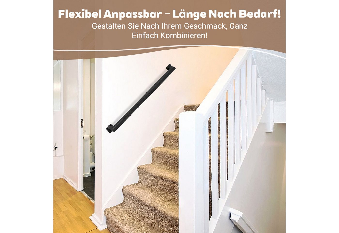 Clanmacy Treppengeländer 150 cm Schwarz, aus Eisen, 30 x 30 mm, zweiteilig, für Treppe und Flur