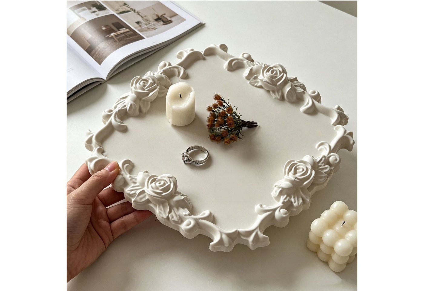 FOUORTUNATE-BEE Backform Rosetten Silikonform Gießform Schmucktablett Harz Deko Tablett, Silikon Gießform für Resin Kunst, Ablage, Kerzenhalter und DIY