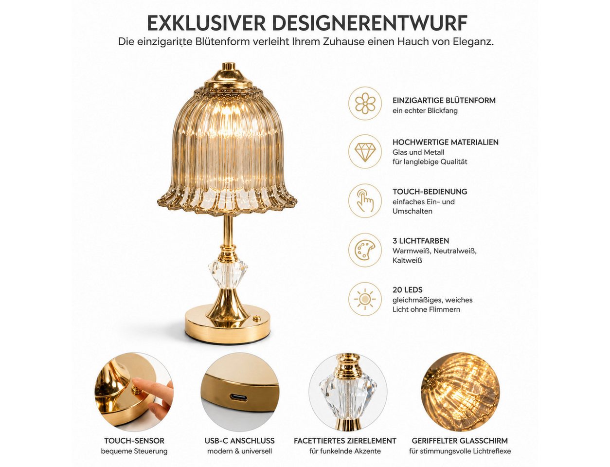 Fyrove LED Nachttischlampe LED-Tischleuchte mit Glasschirm, USB-C aufladbar, 3 Lichtfarben, Touch-Sensor, 20 LEDs, Retro-Blütendesign, Gold
