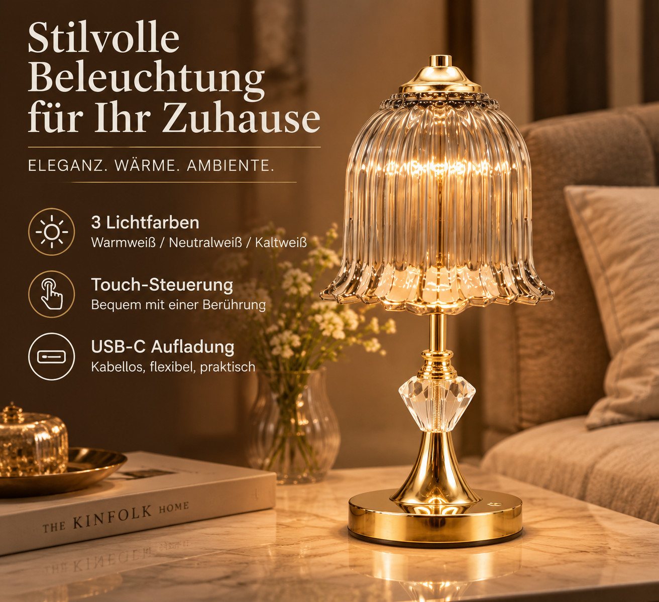 Fyrove LED Nachttischlampe LED-Tischleuchte mit Glasschirm, USB-C aufladbar, 3 Lichtfarben, Touch-Sensor, 20 LEDs, Retro-Blütendesign, Gold Bild 2