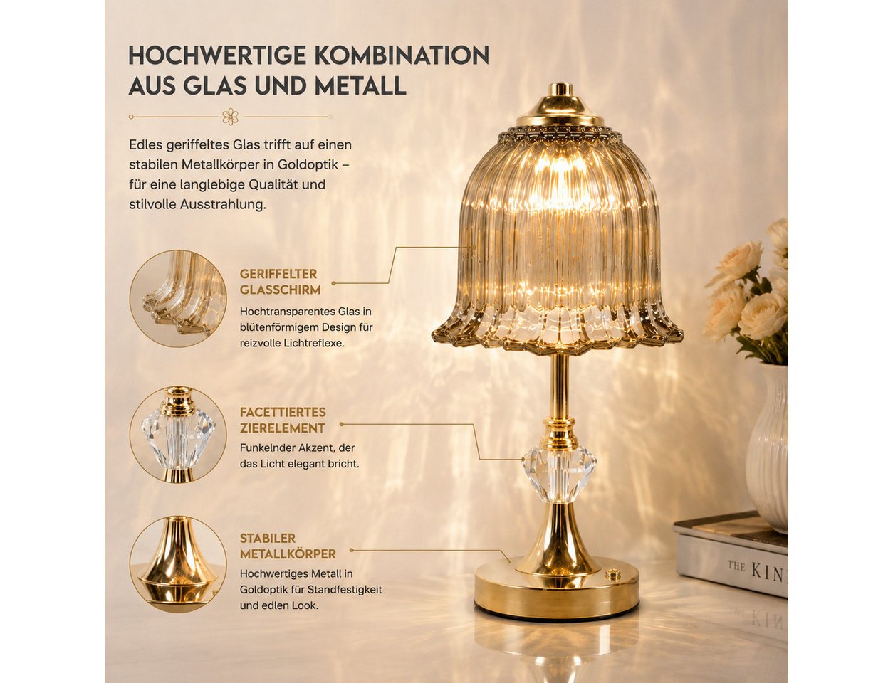 Fyrove LED Nachttischlampe LED-Tischleuchte mit Glasschirm, USB-C aufladbar, 3 Lichtfarben, Touch-Sensor, 20 LEDs, Retro-Blütendesign, Gold Bild 3