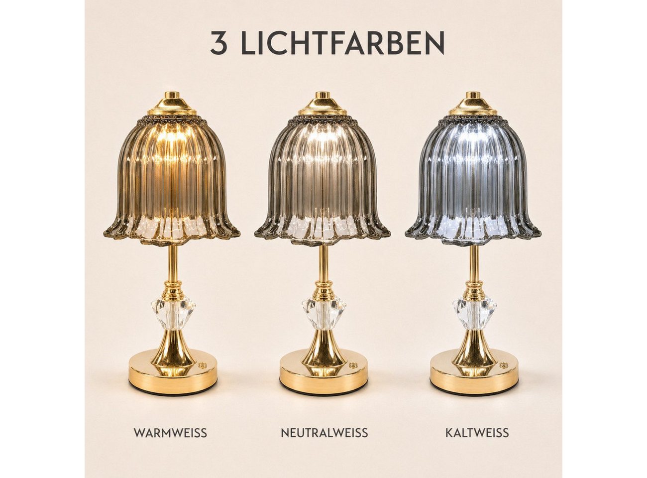 Fyrove LED Nachttischlampe LED-Tischleuchte mit Glasschirm, USB-C aufladbar, 3 Lichtfarben, Touch-Sensor, 20 LEDs, Retro-Blütendesign, Gold Bild 5