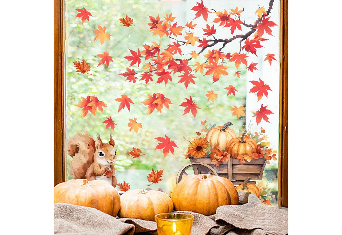 Sorvyzxn Fensterbild Herbst Fenstersticker, Fensteraufkleber mit Kürbis & Ahornblatt Design, Selbstklebende Fensterdeko für Halloween, Erntedank und Zuhause