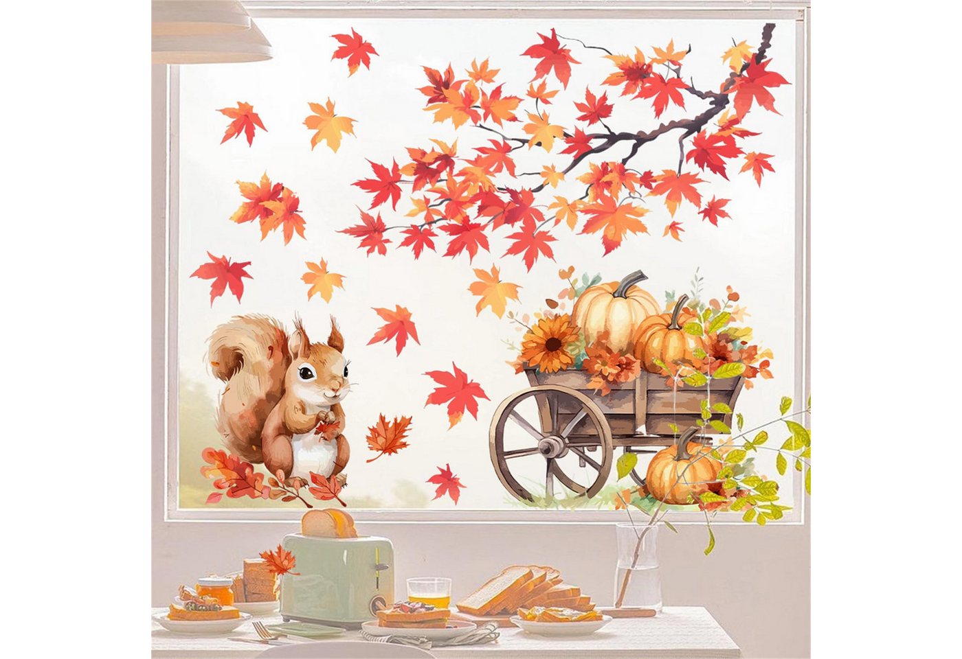Sorvyzxn Fensterbild Herbst Fenstersticker, Fensteraufkleber mit Kürbis & Ahornblatt Design, Selbstklebende Fensterdeko für Halloween, Erntedank und Zuhause Bild 2