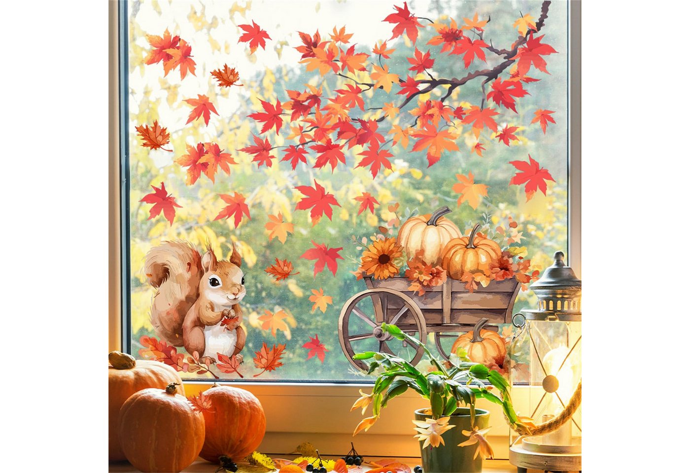 Sorvyzxn Fensterbild Herbst Fenstersticker, Fensteraufkleber mit Kürbis & Ahornblatt Design, Selbstklebende Fensterdeko für Halloween, Erntedank und Zuhause Bild 3