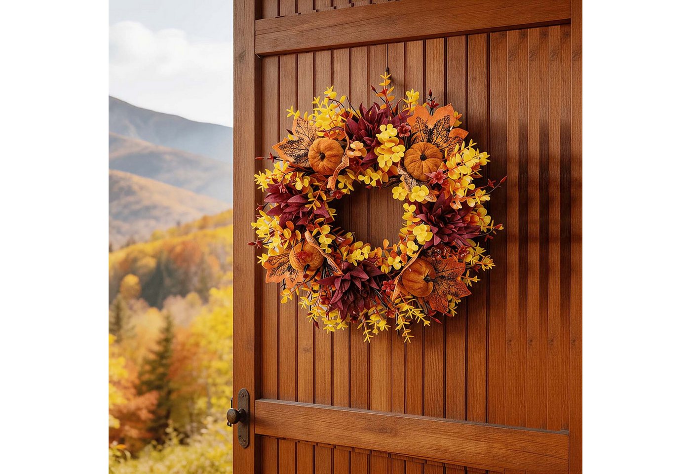 Diwzbyn Dekokranz Herbstkranz, Herbst-Haustür-Kranz mit verschiedenen Kürbis-Cluster