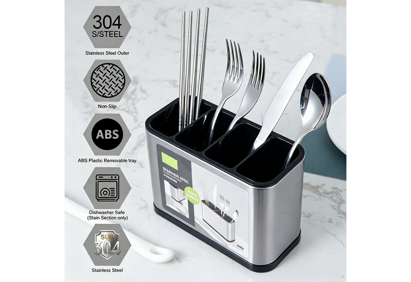 ibettertec Kochbesteckhalter Besteckhalter aus Edelstahl, 4 Fächer Küchenutensilien Abtropfgestell, Abtropfschale,Besteckhalter,Küchenutensilienhalter,4 Fächer