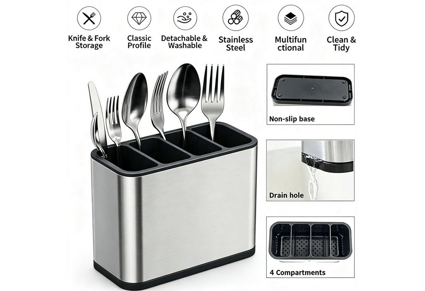 ibettertec Kochbesteckhalter Besteckhalter aus Edelstahl, 4 Fächer Küchenutensilien Abtropfgestell, Abtropfschale,Besteckhalter,Küchenutensilienhalter,4 Fächer Bild 2