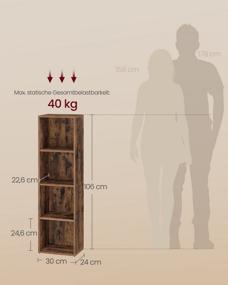 VASAGLE Bücherregal mit verstellbaren Ablagen, für Wohnzimmer, Homeoffice, Schlafzimmer, 4-stöckiges Regal, offenes Aufbewahrungsregal, 24 x 30 x 106 cm Bild 5