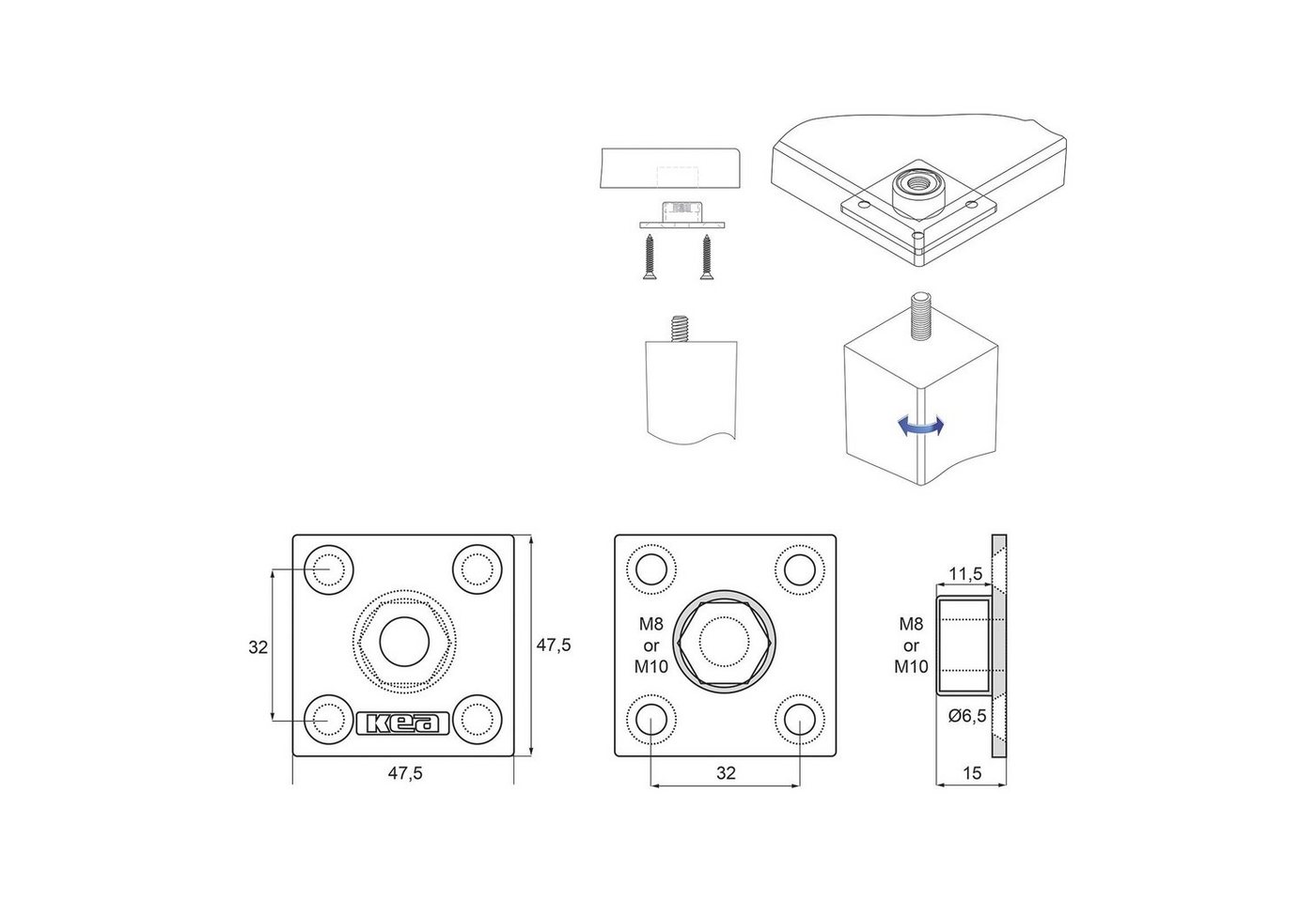 SO-TECH® Möbelbeschlag Tischbeinbeschlag KEA Möbelfußverbinder (4 St), Tischbeinverbinder eckig 47,5x47,5 mm für M8-Gewindeschraube