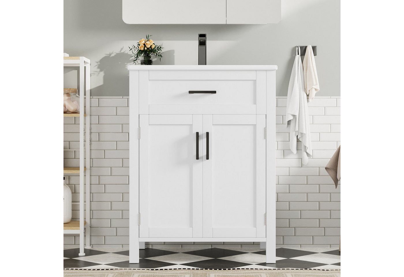 Flieks Waschtisch mit Türregalen und Klappen, Badezimmerschrank Volllackierung (B60/T46/H84,8 cm, 1-St., bodenstehend, Badschrank mit verstellbare Einlegeböden), Waschbeckenunterschrank mit Waschbecken Badmöbel in Breite 60 cm
