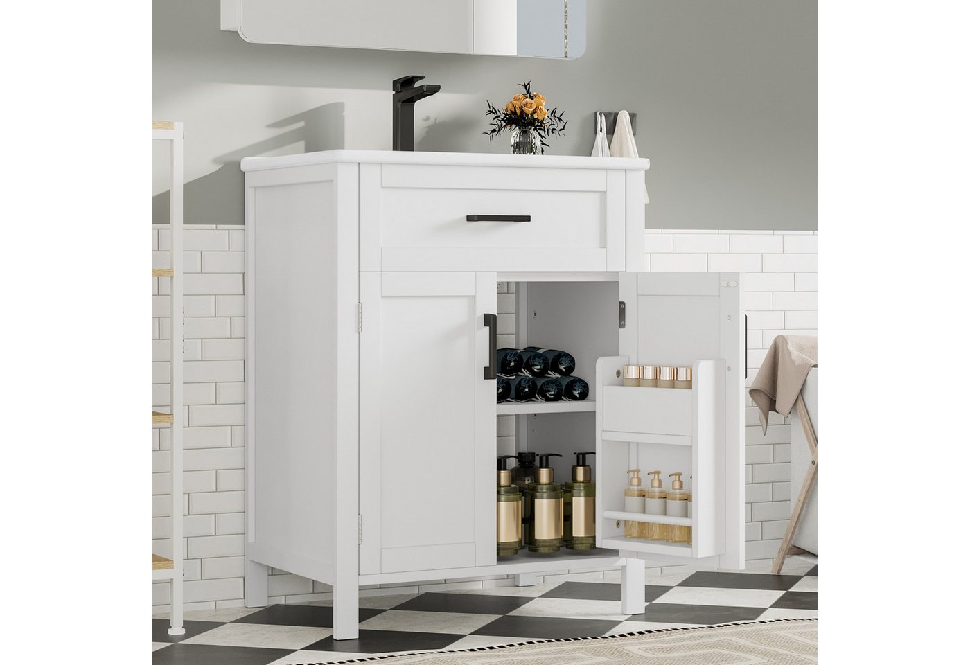 Flieks Waschtisch mit Türregalen und Klappen, Badezimmerschrank Volllackierung (B60/T46/H84,8 cm, 1-St., bodenstehend, Badschrank mit verstellbare Einlegeböden), Waschbeckenunterschrank mit Waschbecken Badmöbel in Breite 60 cm Bild 2