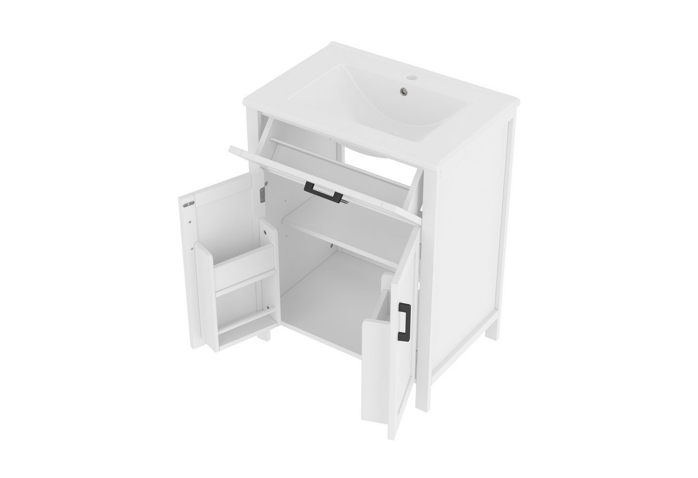 Flieks Waschtisch mit Türregalen und Klappen, Badezimmerschrank Volllackierung (B60/T46/H84,8 cm, 1-St., bodenstehend, Badschrank mit verstellbare Einlegeböden), Waschbeckenunterschrank mit Waschbecken Badmöbel in Breite 60 cm Bild 3