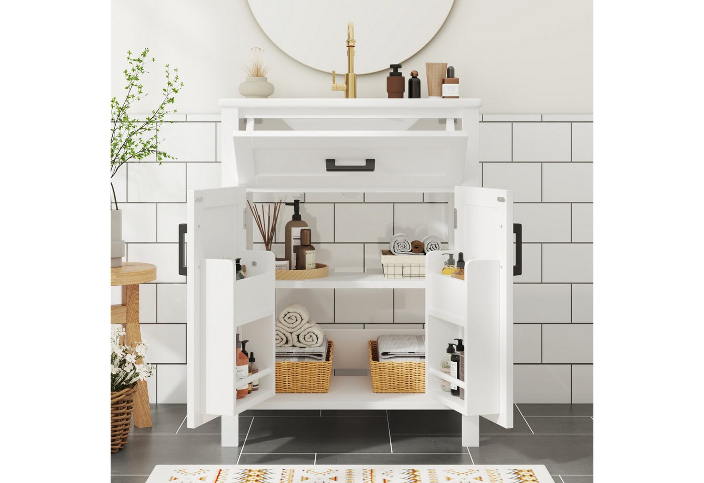 Flieks Waschtisch mit Türregalen und Klappen, Badezimmerschrank Volllackierung (B60/T46/H84,8 cm, 1-St., bodenstehend, Badschrank mit verstellbare Einlegeböden), Waschbeckenunterschrank mit Waschbecken Badmöbel in Breite 60 cm Bild 4