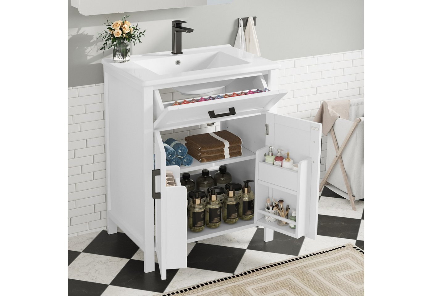 Flieks Waschtisch mit Türregalen und Klappen, Badezimmerschrank Volllackierung (B60/T46/H84,8 cm, 1-St., bodenstehend, Badschrank mit verstellbare Einlegeböden), Waschbeckenunterschrank mit Waschbecken Badmöbel in Breite 60 cm Bild 5