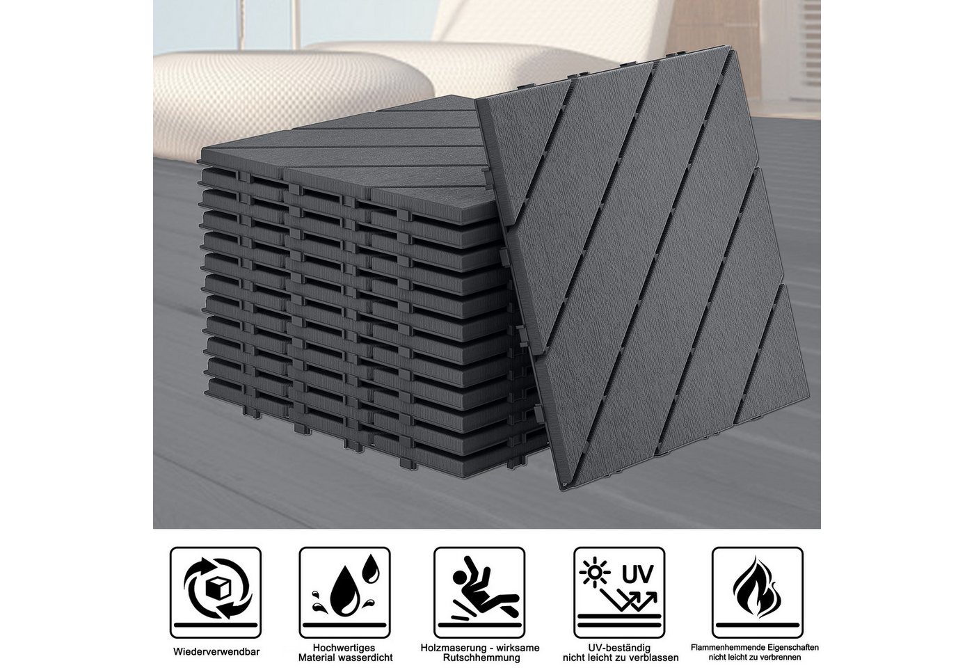 FIVMEN Terrassendielen Fliesen Klickfliesen Bodenbelag 30x30cm, Anthrazit/Braun(Typ B), (55-St), in Holzoptik für Terrassen, Gärten, Schwimmbäder Bild 3
