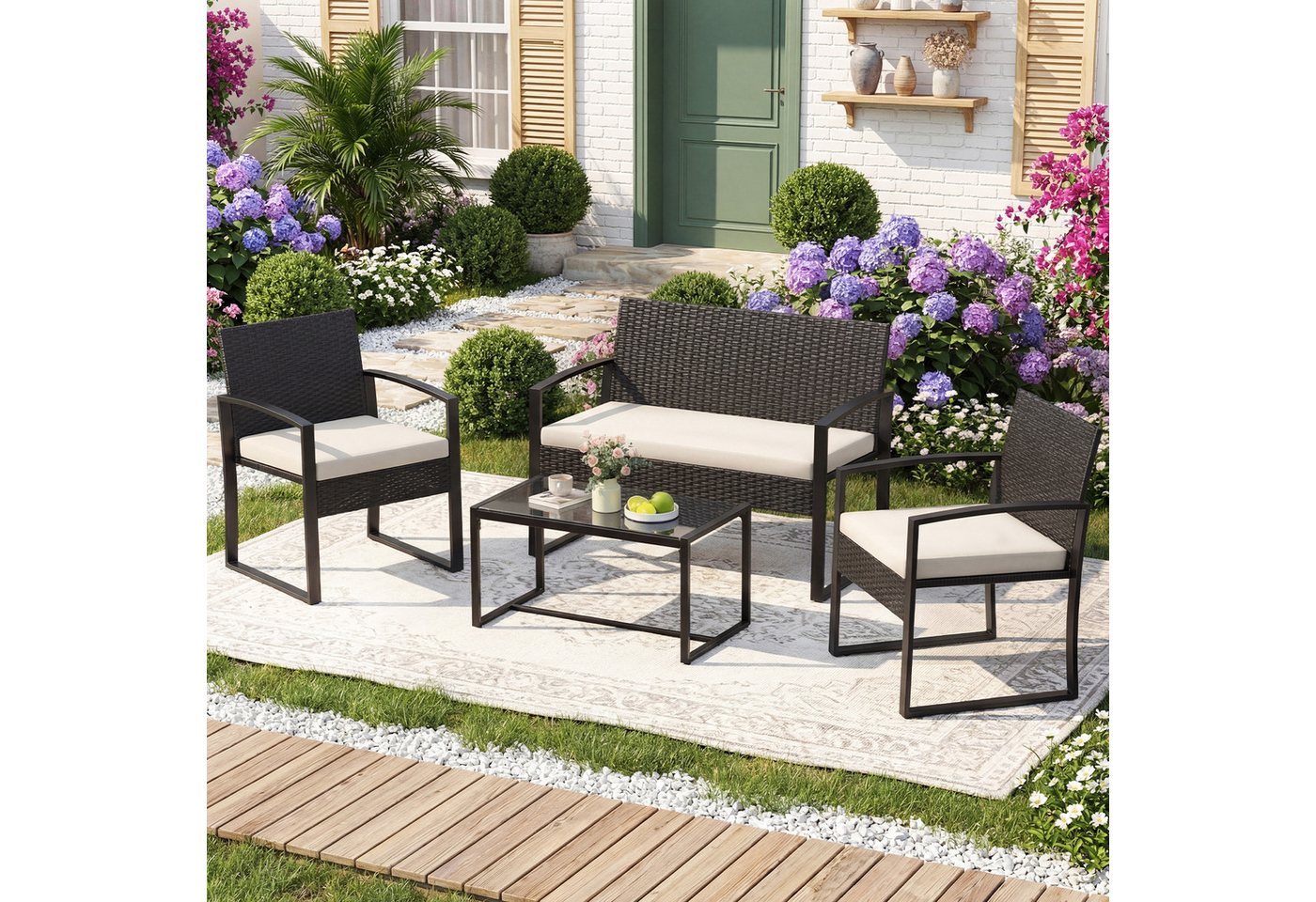 COSTWAY Gartenlounge-Set, (4-tlg), Balkonmöbel mit Tisch, Bank für 4 Personen Bild 2