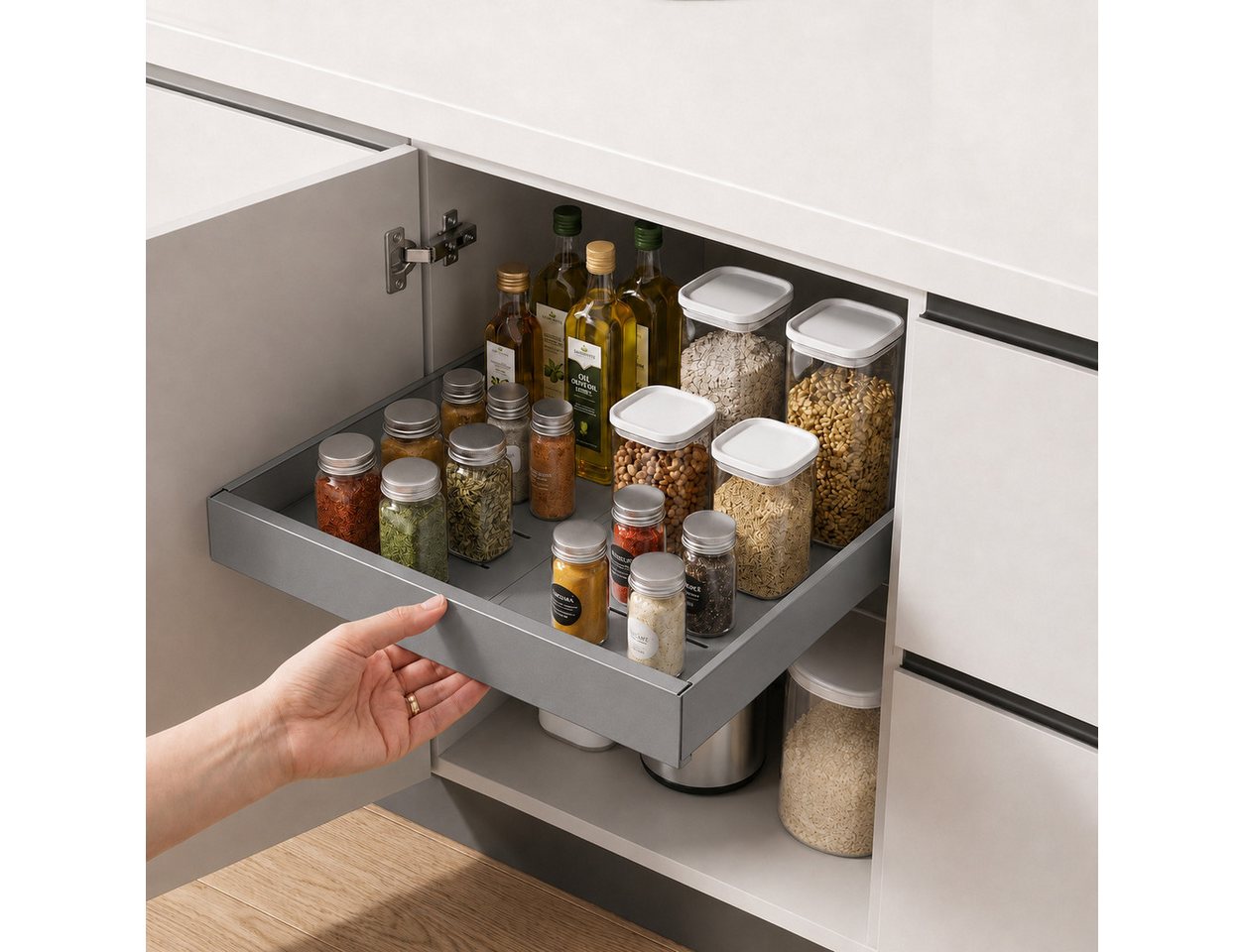 VIVREAL Küchenorganizer-Set Teleskopschublade küche 32–52 / 42–68 cm, ohne Bohren, Carbonstahl, (1-tlg), Flexibel ausziehbar, bis 15 kg belastbar, Montage ohne Bohren