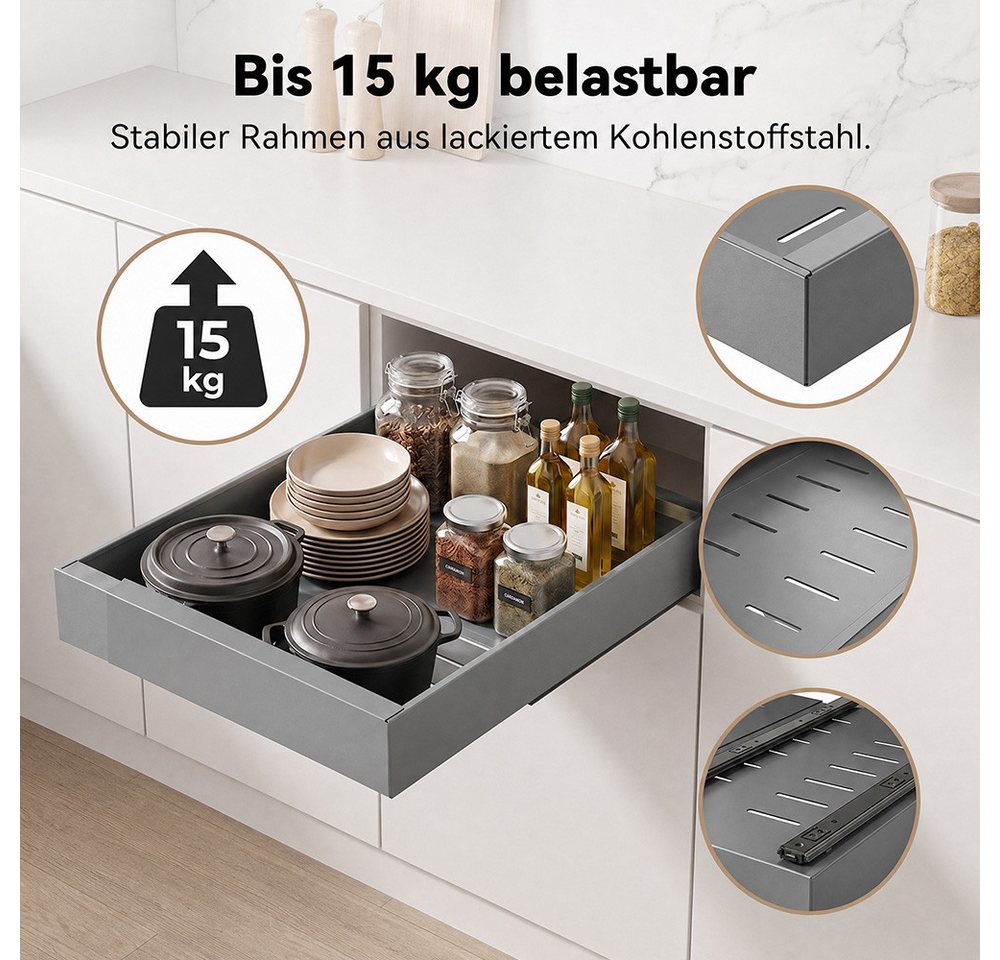 VIVREAL Küchenorganizer-Set Teleskopschublade küche 32–52 / 42–68 cm, ohne Bohren, Carbonstahl, (1-tlg), Flexibel ausziehbar, bis 15 kg belastbar, Montage ohne Bohren Bild 3