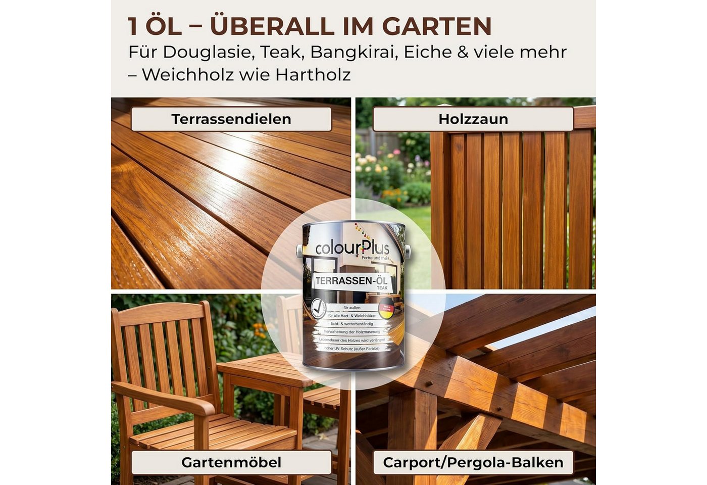 ColourPlus Hartholzöl Terrassenöl, Holzöl außen, lasierend, offenporig, UV- & Witterungsschutz Bild 3