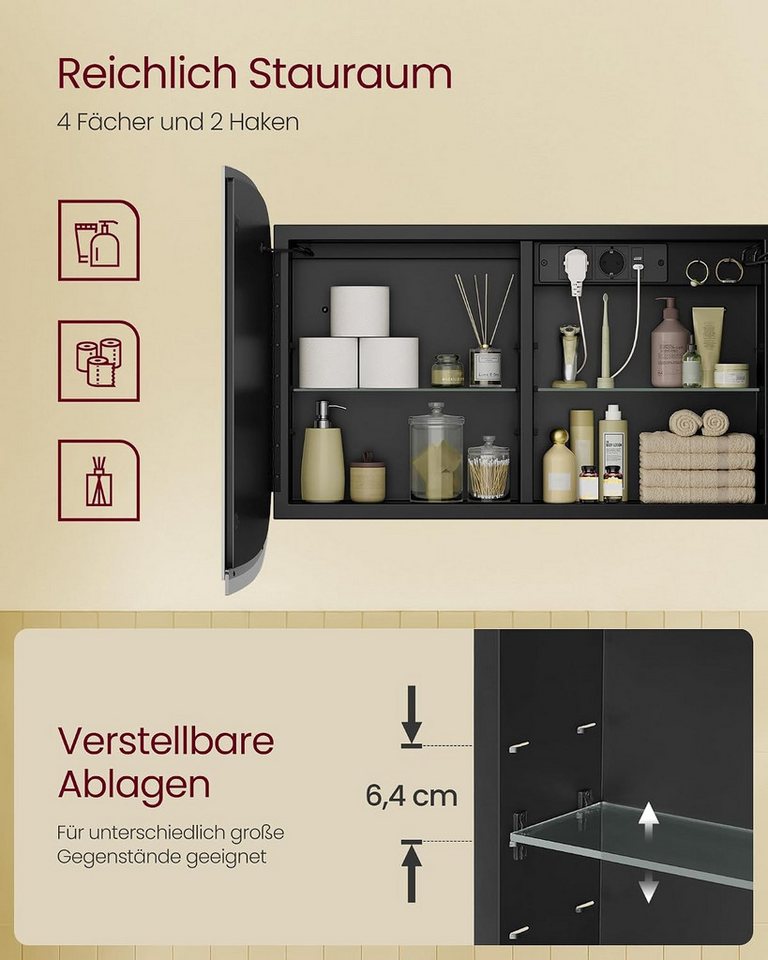 VASAGLE Spiegelschrank mit Beleuchtung, Badezimmerschrank mit Steckdosenleiste Touch-Steuerung, 2 verstellbare Ablagen, abgerundete Ecken