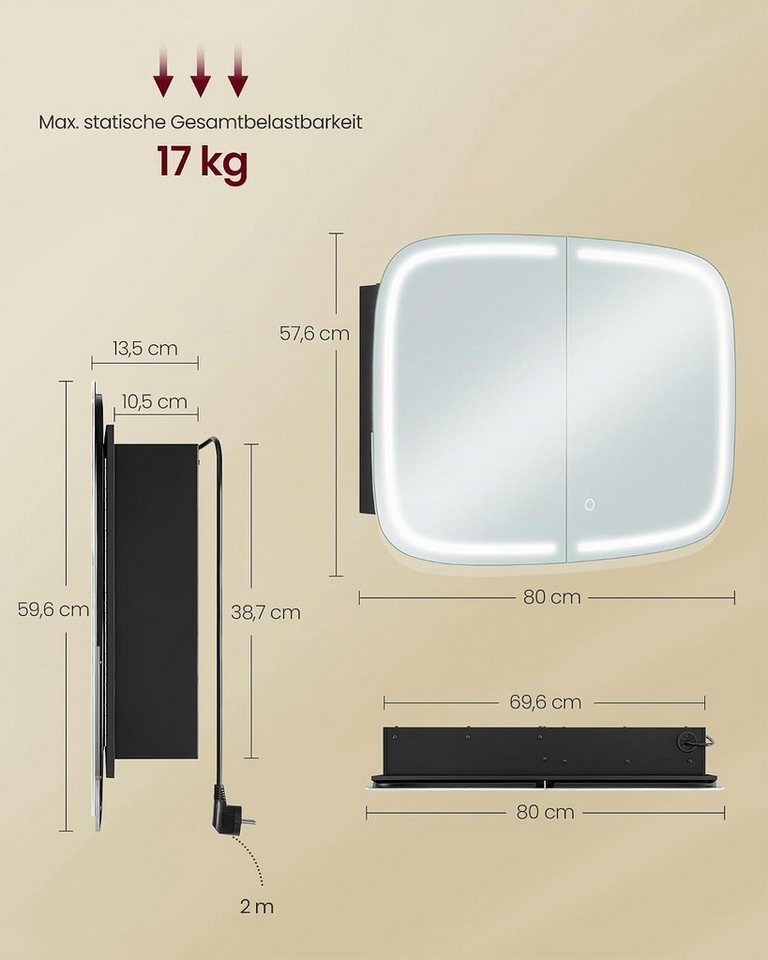 VASAGLE Spiegelschrank mit Beleuchtung, Badezimmerschrank mit Steckdosenleiste Touch-Steuerung, 2 verstellbare Ablagen, abgerundete Ecken Bild 3