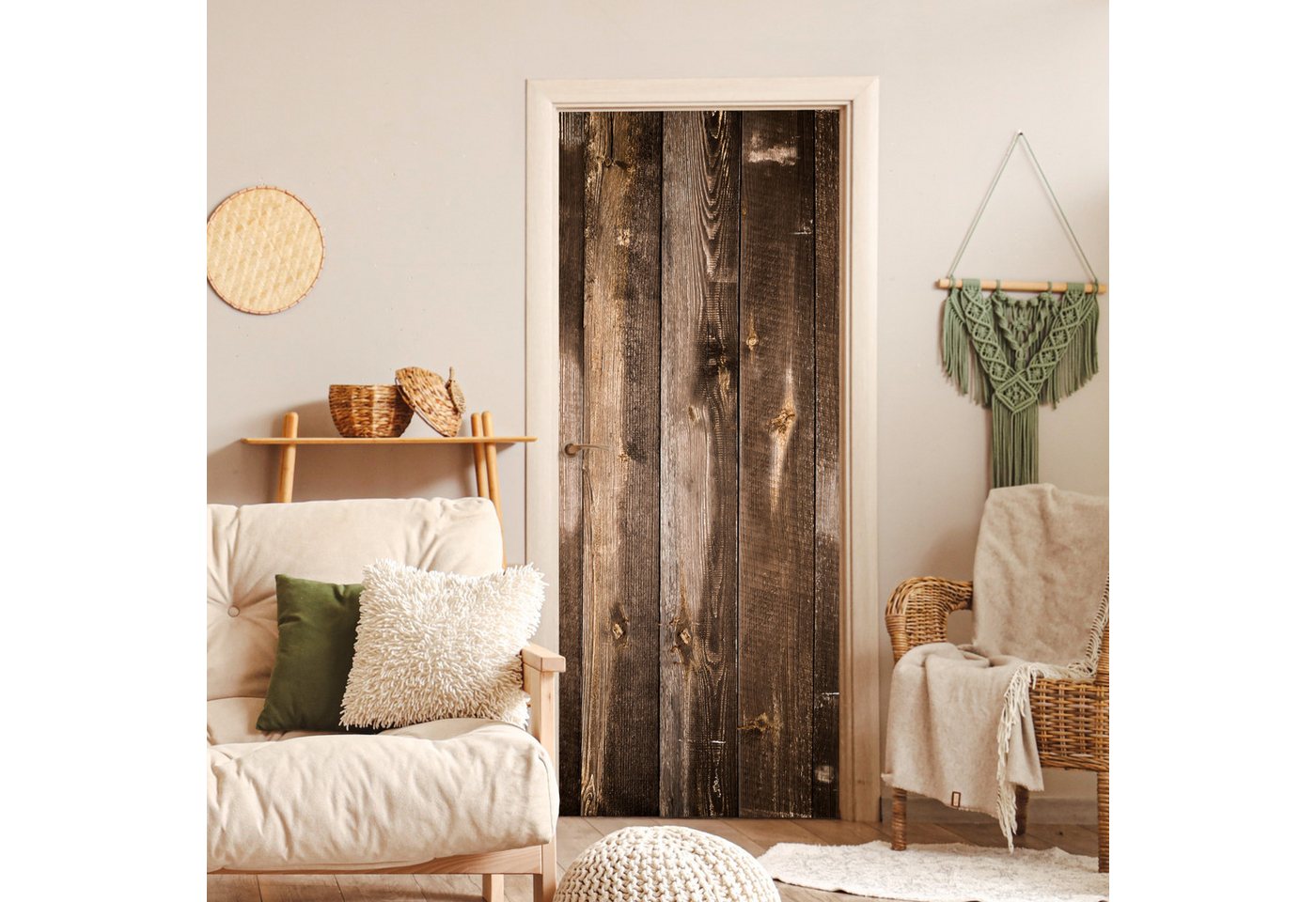 MuchoWow Türtapete Regal - Muster - Vintage - Holz, Matt, bedruckt, (1 St), Selbstklebende Tapete, Folie für Möbel, 75x205 cm
