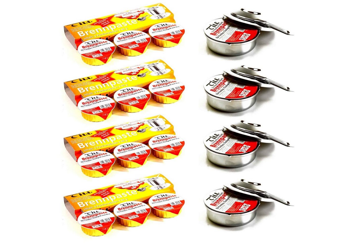 Till Bioethanol 4x Pastenbrenner Spiritusbrenner Rechaud Brenner Fondue Speisewärmer, verchromt mit 16x Ethanol Brennpaste a 80 g