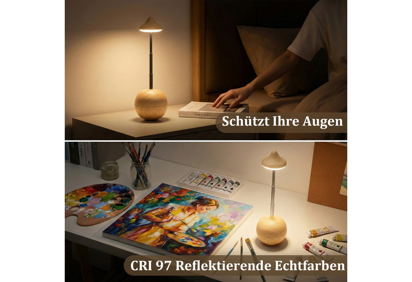Rosnek Schreibtischlampe Kabellose Pilz Tischlampe RGB dimmbar aufladbar mit Touch, Weiß, LED fest integriert, Dekorative LED Tischleuchte tragbar mit Fernbedienung Timer