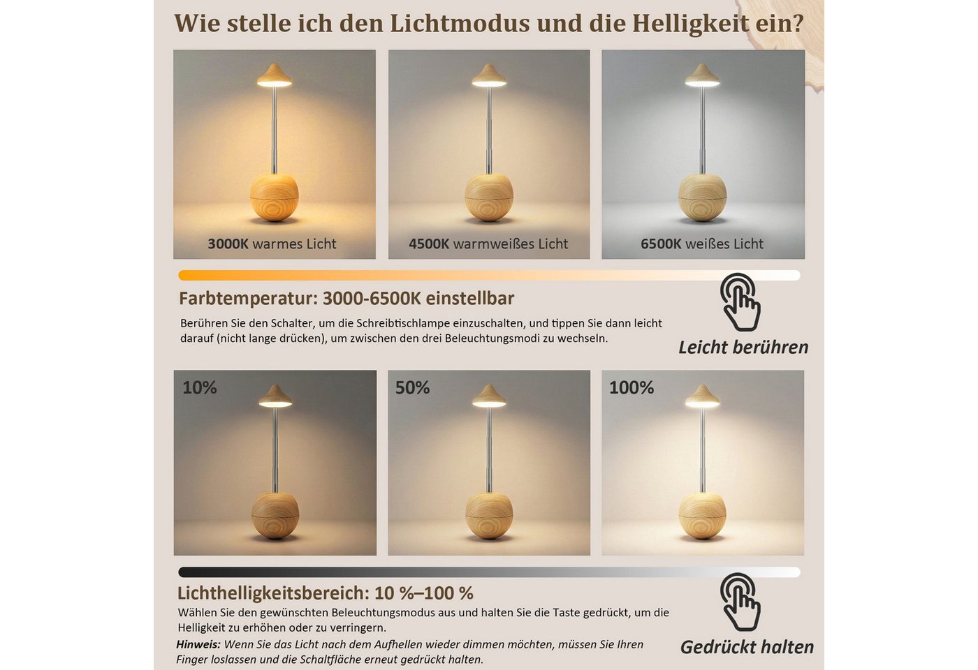 Rosnek Schreibtischlampe Kabellose Pilz Tischlampe RGB dimmbar aufladbar mit Touch, Weiß, LED fest integriert, Dekorative LED Tischleuchte tragbar mit Fernbedienung Timer Bild 3